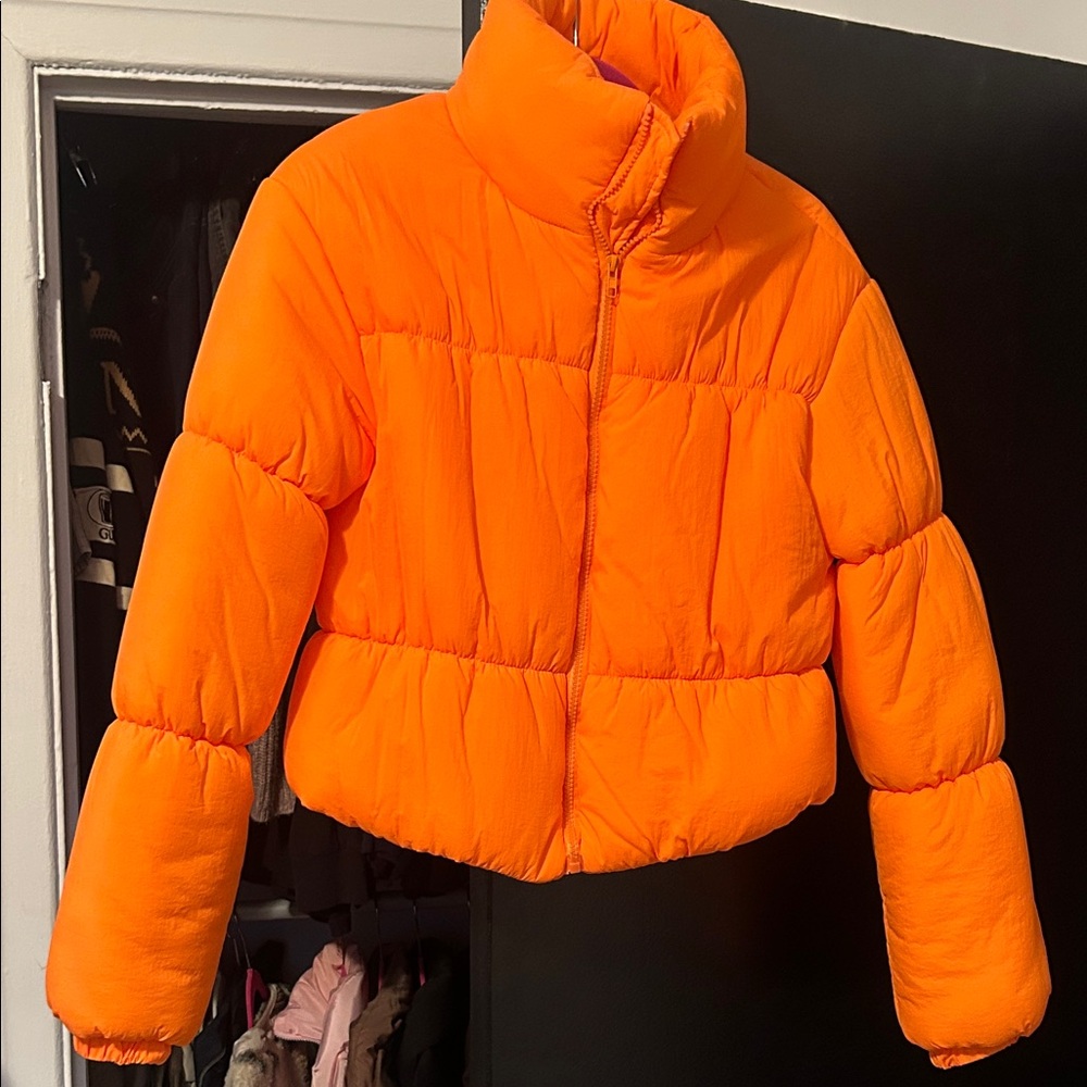 Bright Orange Cropped Puffer Jacket